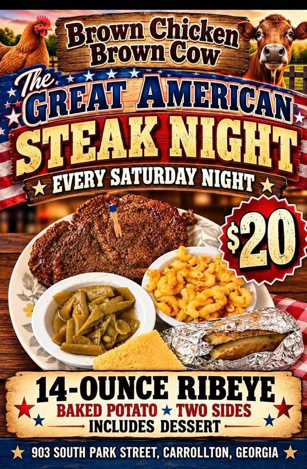 Great American Steak Night: 14 oz ribeye with baked potato, two sides and dessert for $20, every Saturday night