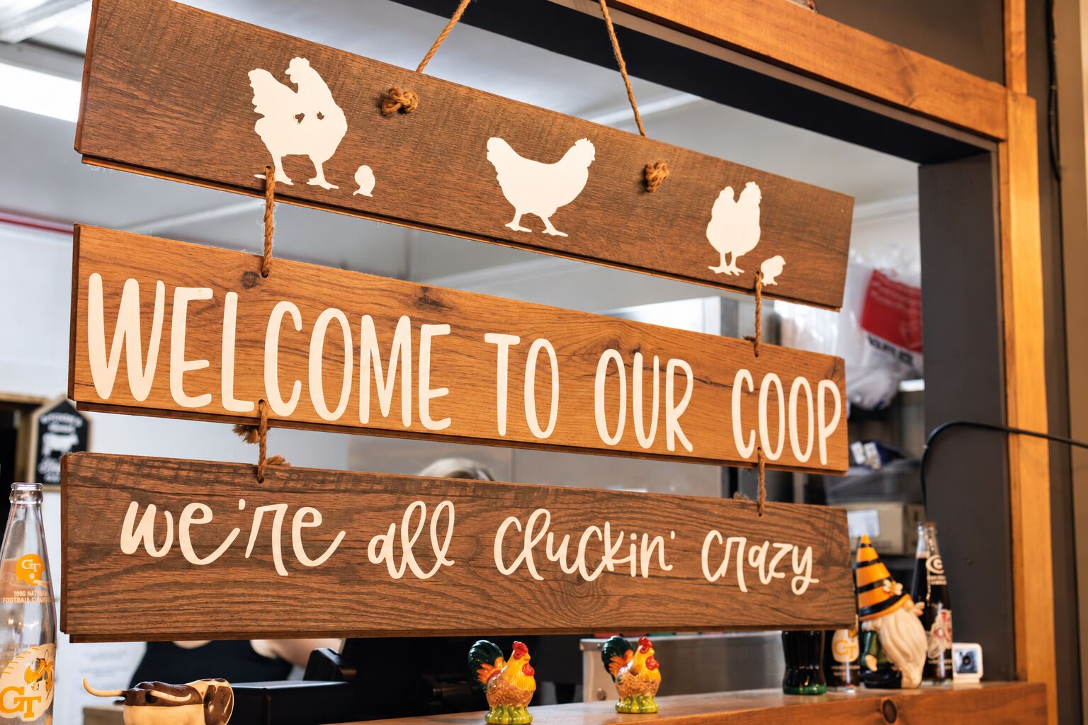 Welcome to Our Coop wooden sign hanging in Brown Chicken Brown Cow