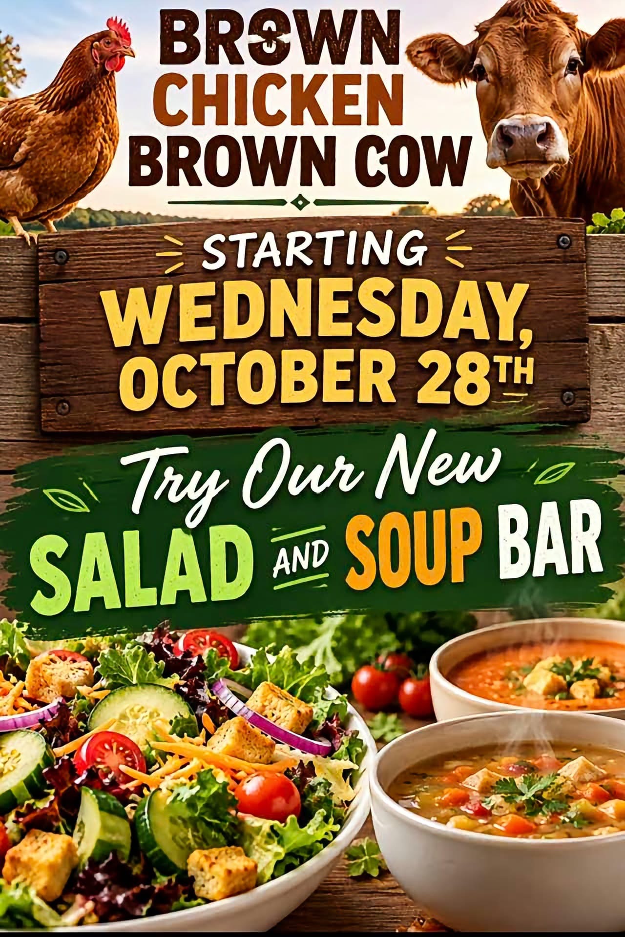 Try our new salad and soup bar, starting Wednesday, October 28